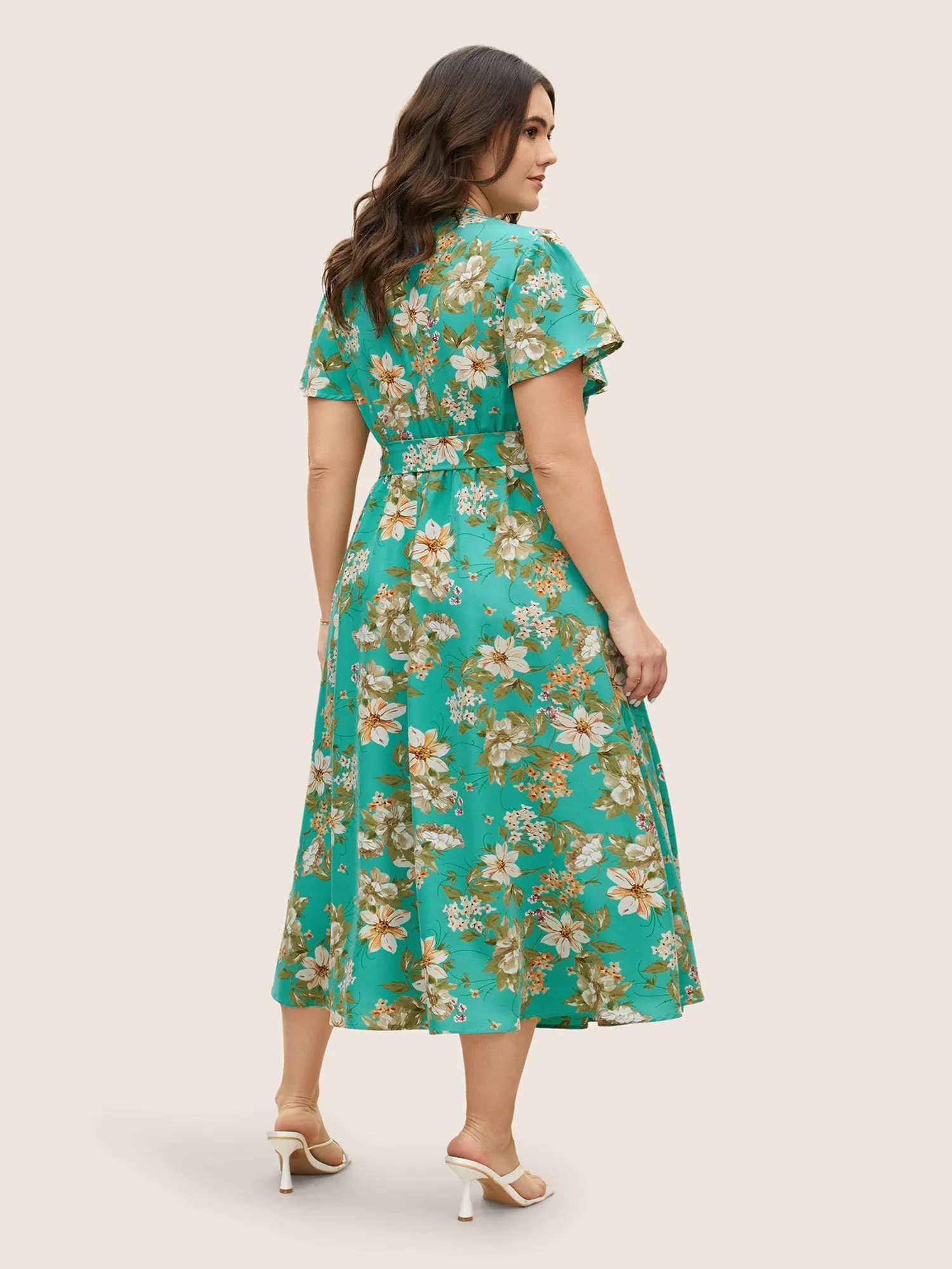 V Neck Floral Belt Flutter Sleeve Dress sold by Bloomchic product image thumbnail 3