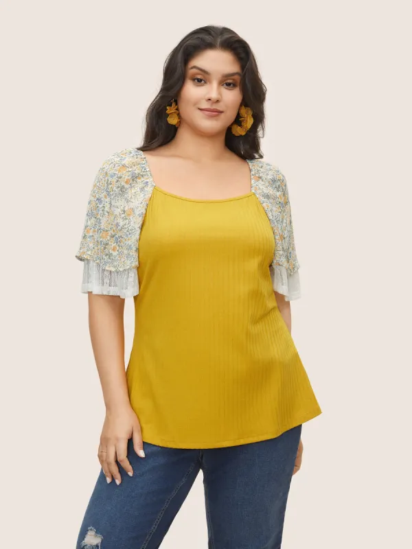 Ditsy Floral Patchwork Pit Strip Lace Trim T-shirt sold by Bloomchic