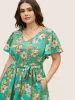 V Neck Floral Belt Flutter Sleeve Dress sold by Bloomchic