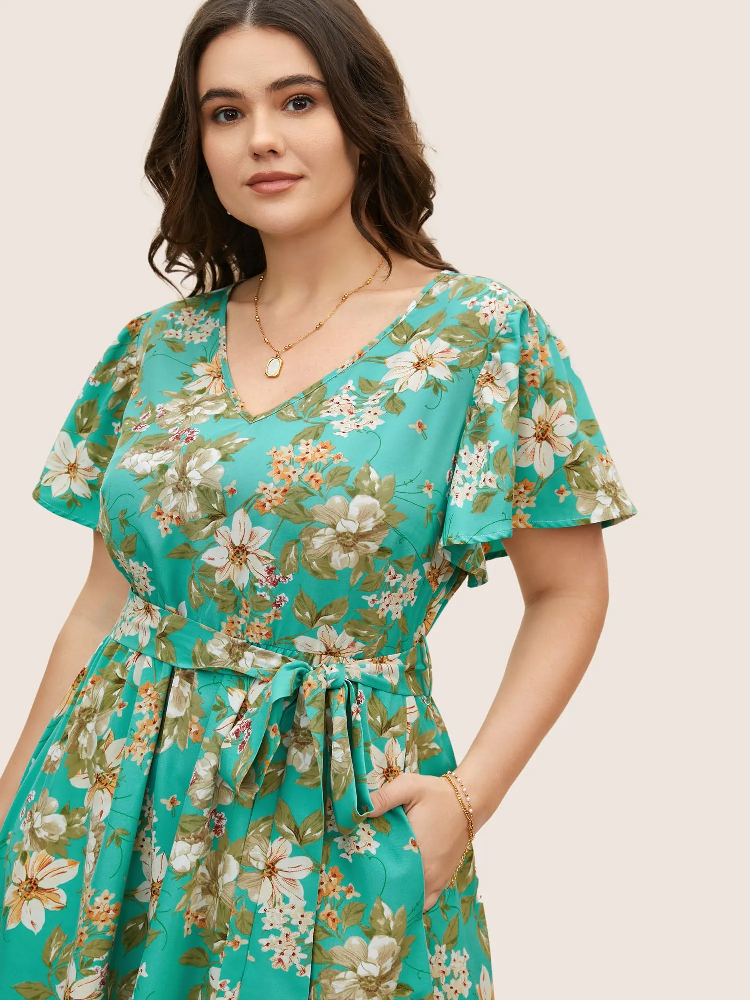 V Neck Floral Belt Flutter Sleeve Dress sold by Bloomchic product image thumbnail 4