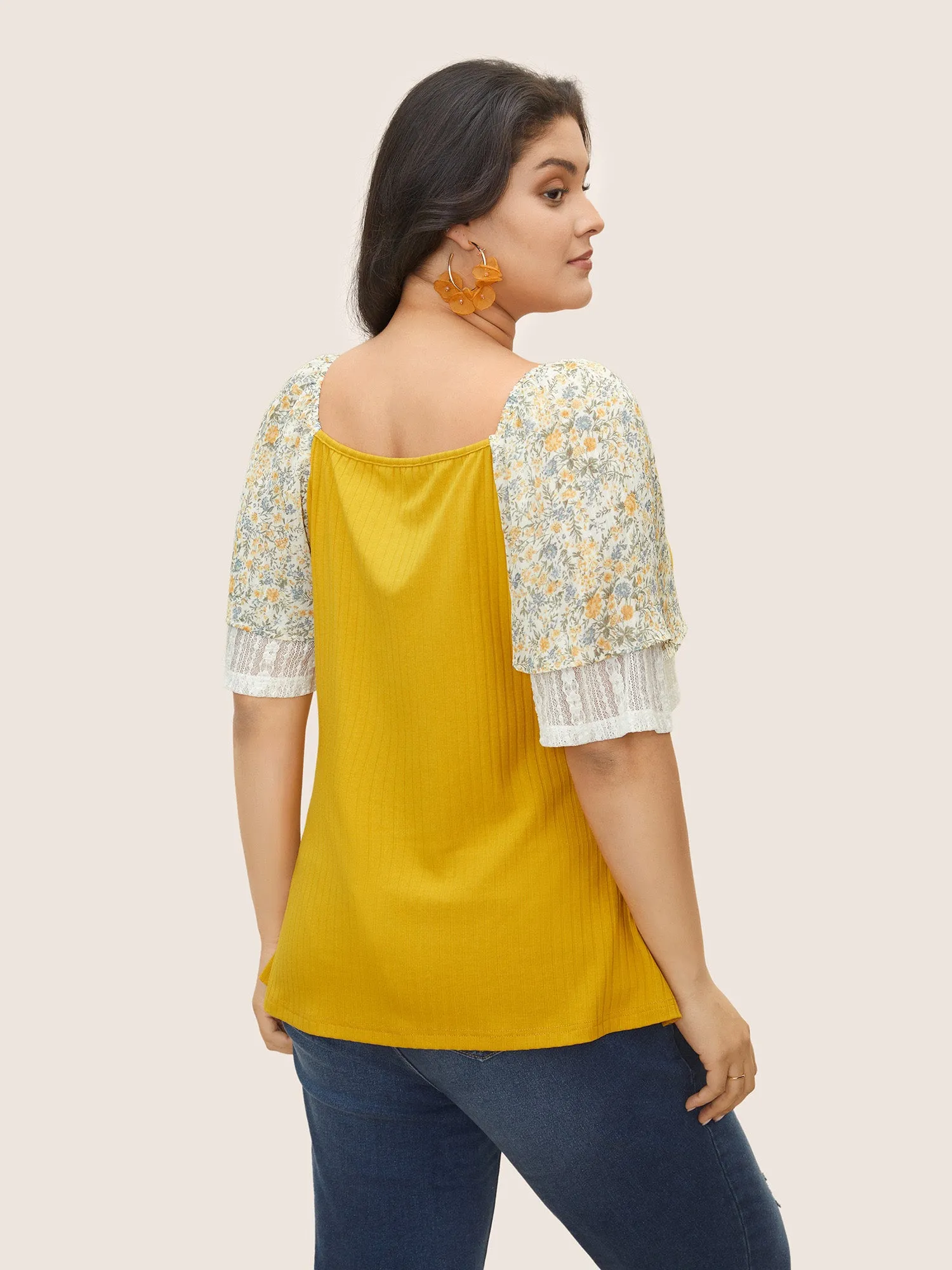 Ditsy Floral Patchwork Pit Strip Lace Trim T-shirt sold by Bloomchic product image thumbnail 2