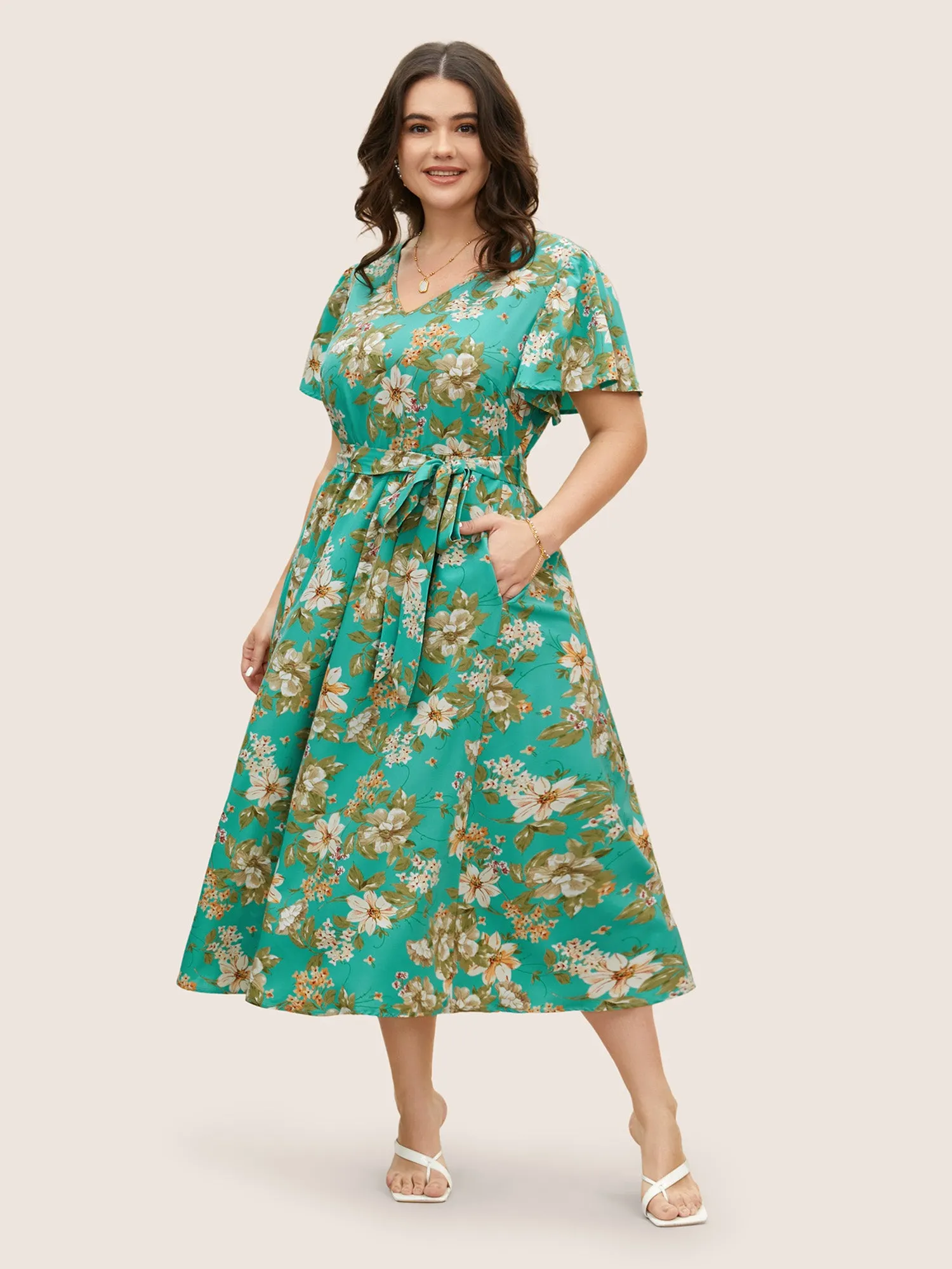 V Neck Floral Belt Flutter Sleeve Dress sold by Bloomchic product image thumbnail 2