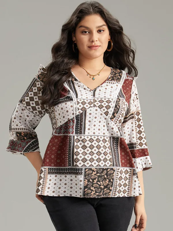 Moroccan Print Lace Panel Ruffles Frill Trim Blouse sold by Bloomchic