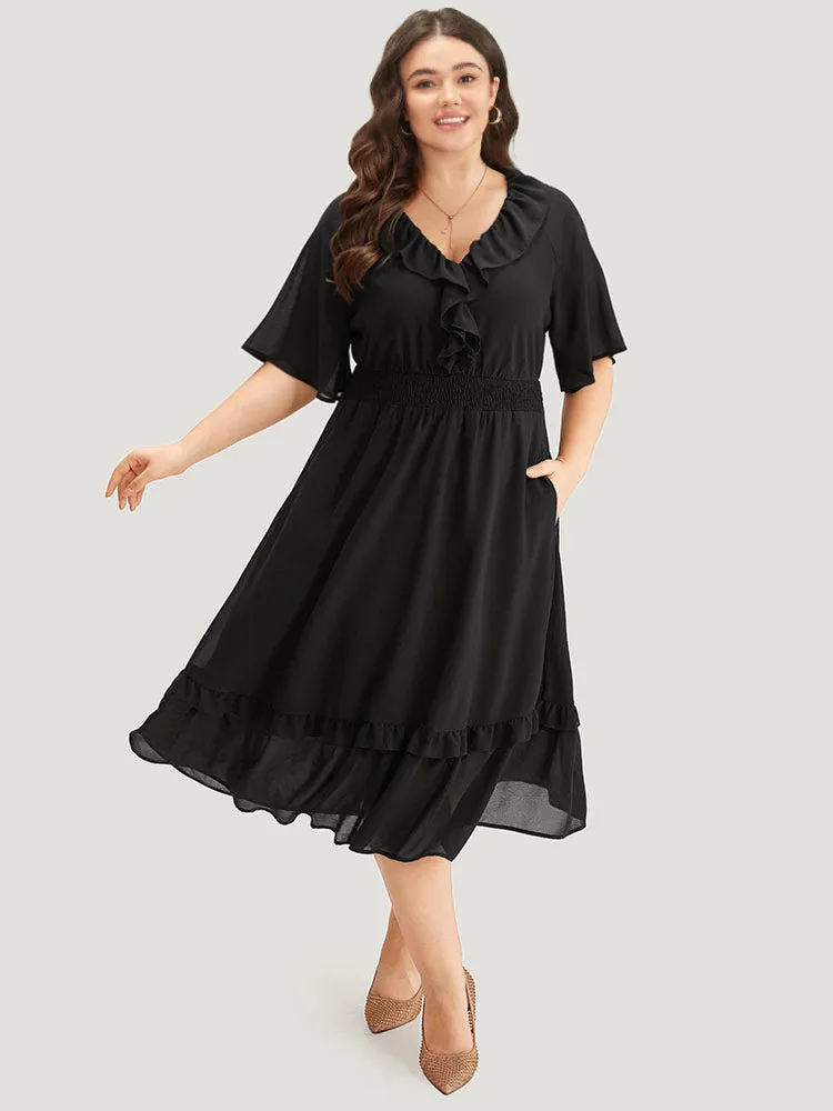 Plain Ruffle Trim Pocket Shirred Dress sold by Bloomchic