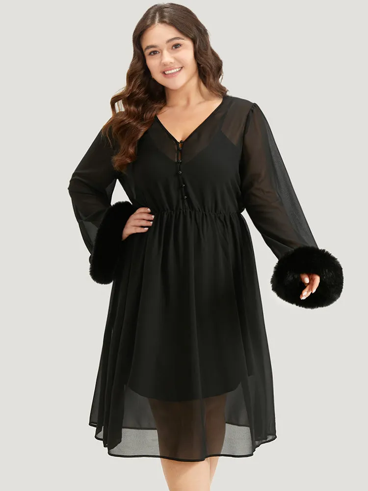 Halloween Patchwork Chiffon Mesh Button Up Fuzzy Trim Dress sold by Bloomchic product image thumbnail 2