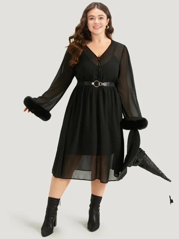 Halloween Patchwork Chiffon Mesh Button Up Fuzzy Trim Dress made by Bloomchic