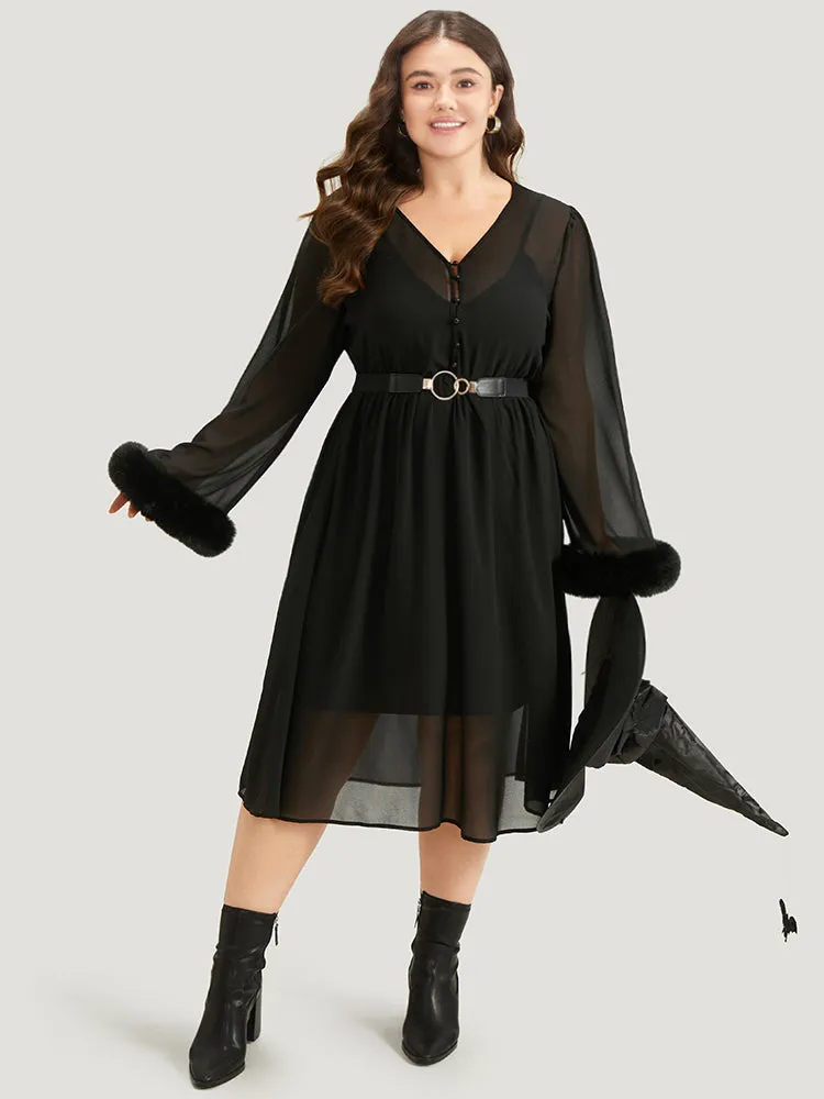 Halloween Patchwork Chiffon Mesh Button Up Fuzzy Trim Dress sold by Bloomchic