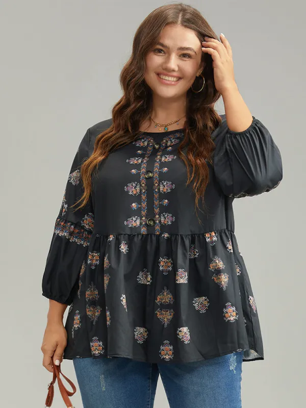 Boho Print Lantern Sleeve Button Detail Blouse sold by Bloomchic