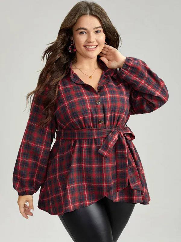 Plaid Shirt Collar Belted Button Through Blouse sold by Bloomchic