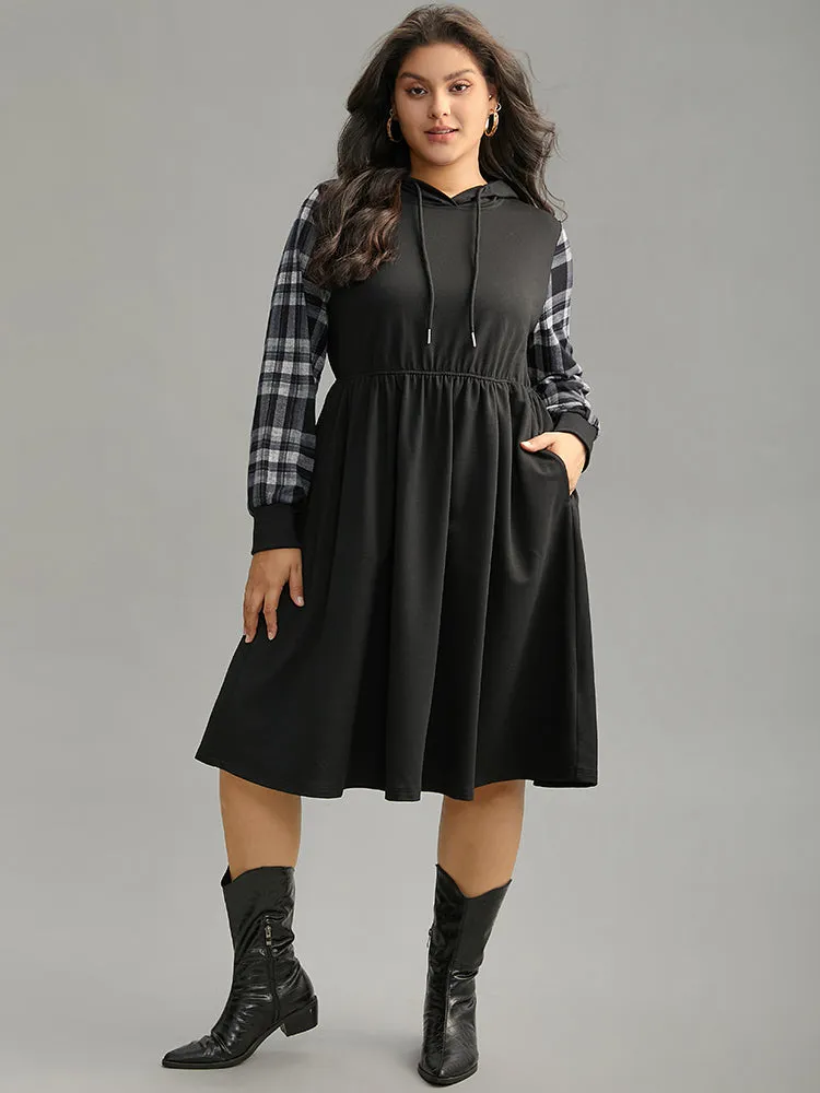 Plaid Patchwork Drawstring Pocket Hooded Dress sold by Bloomchic