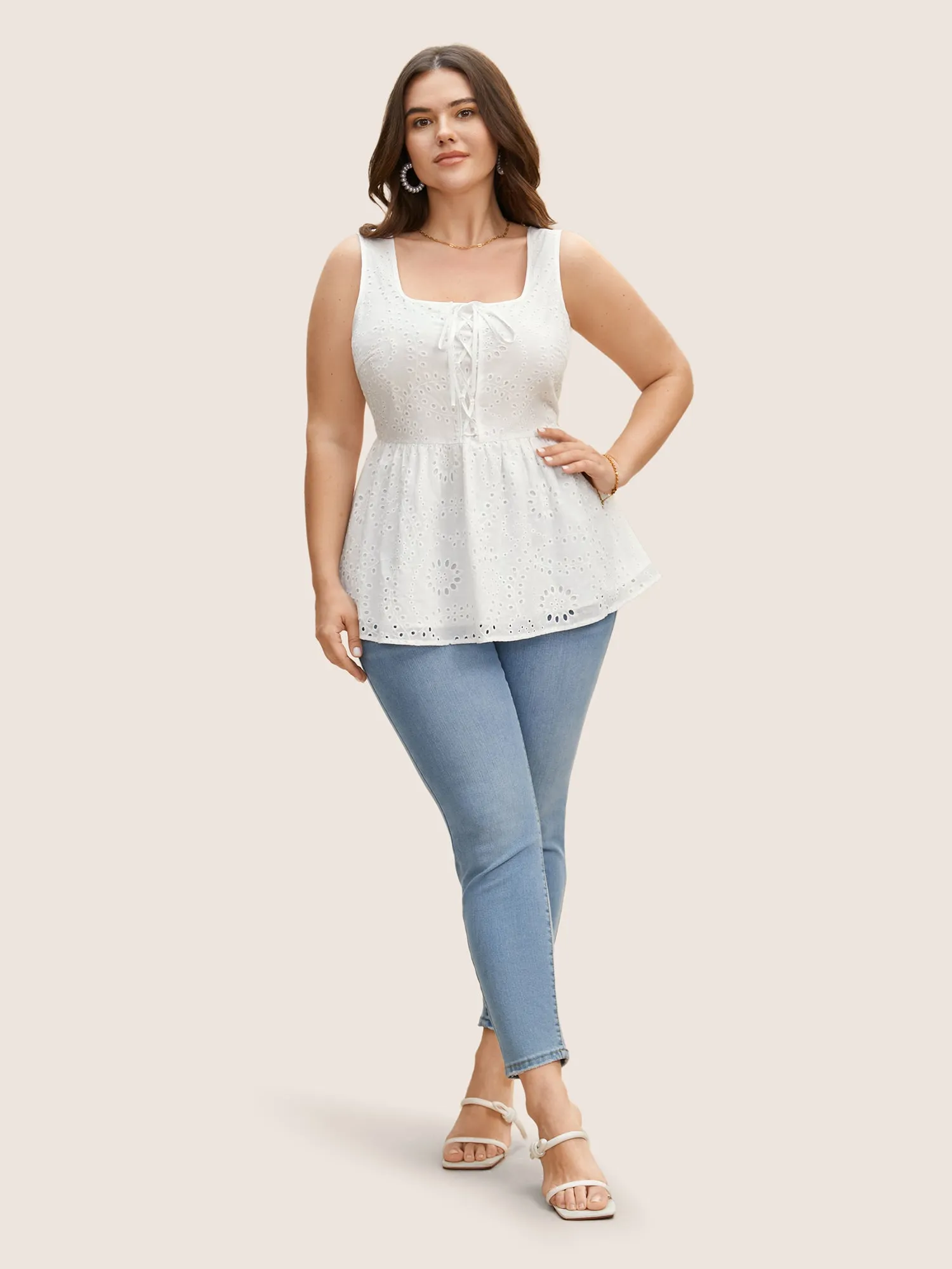 Square Neck Broderie Anglaise Tie Knot Tank Top sold by Bloomchic product image thumbnail 3