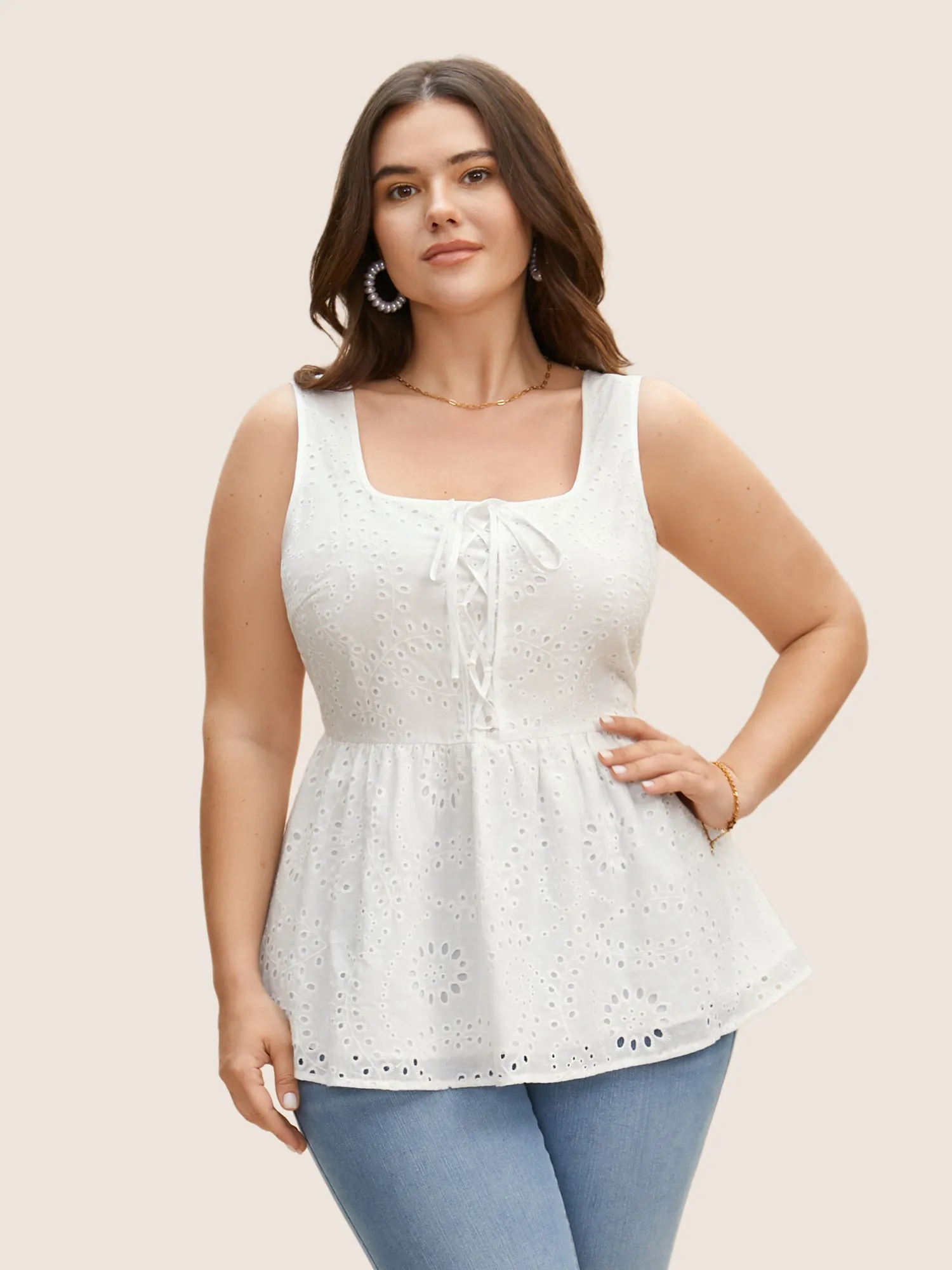 Square Neck Broderie Anglaise Tie Knot Tank Top sold by Bloomchic