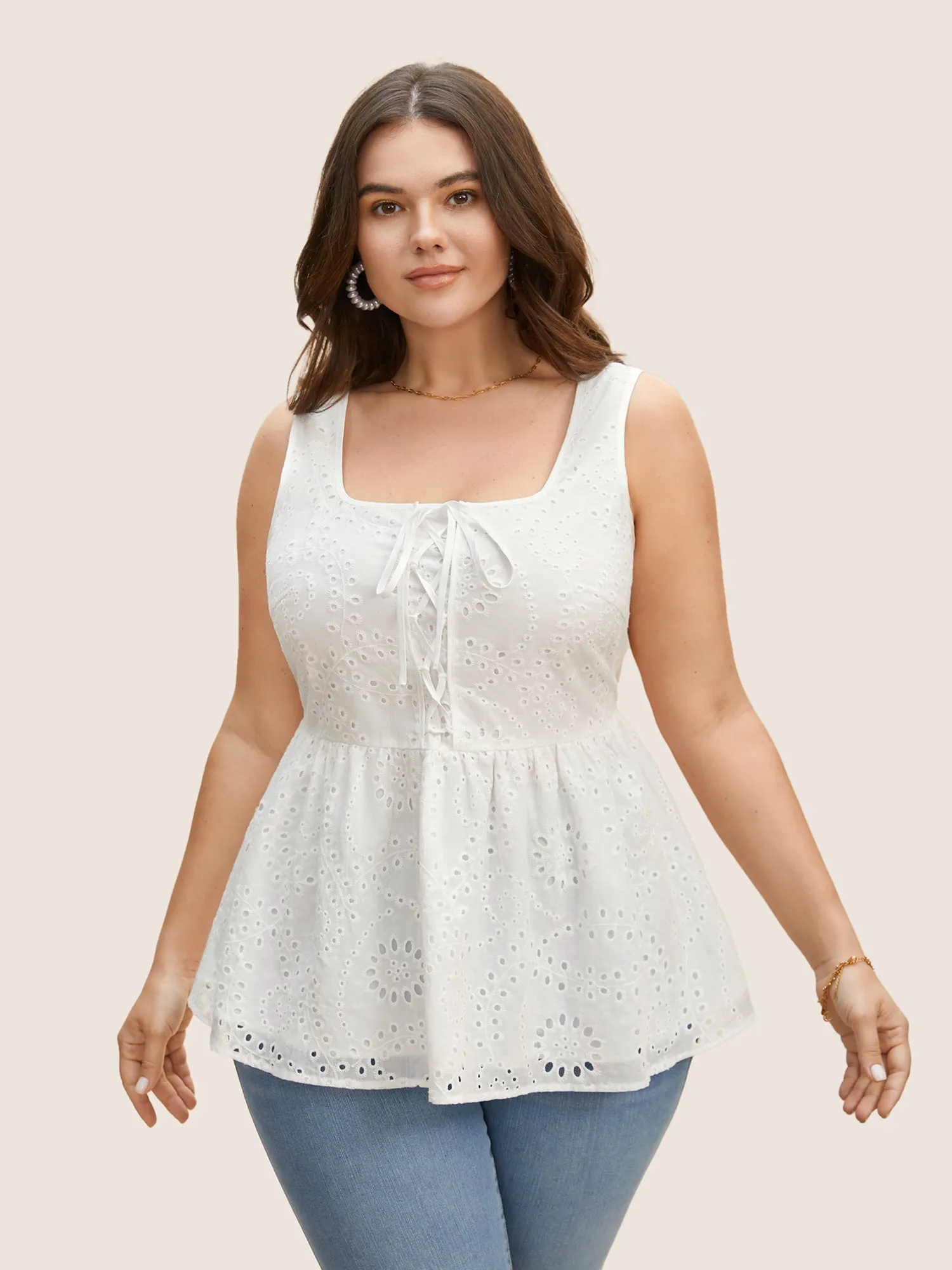 Square Neck Broderie Anglaise Tie Knot Tank Top sold by Bloomchic product image thumbnail 2