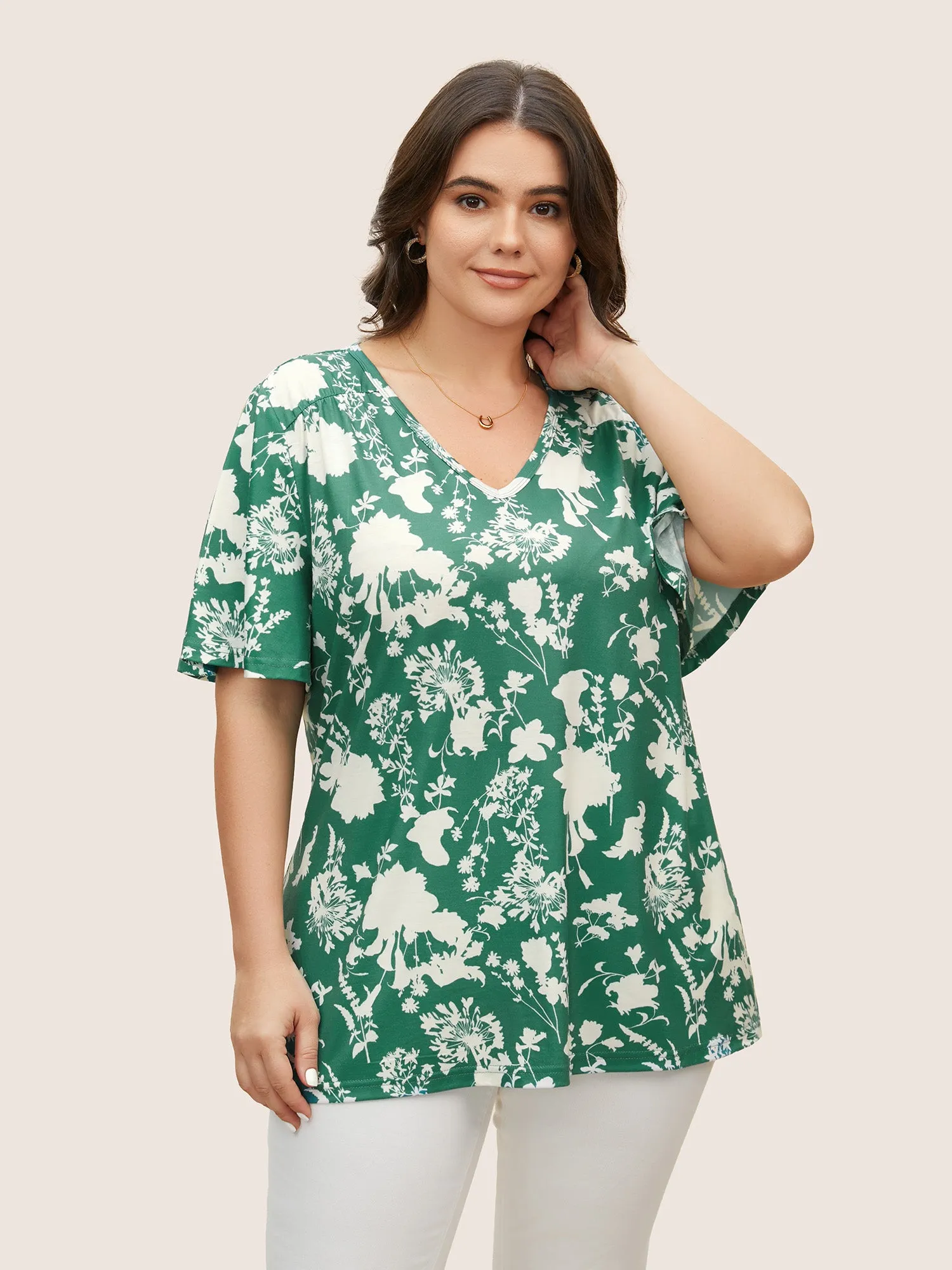 Silhouette Floral Print Flutter Sleeve T-shirt sold by Bloomchic