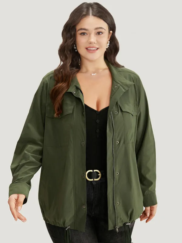 Plain Drawstring Hem Zipper Fly Flap Pocket Jacket sold by Bloomchic