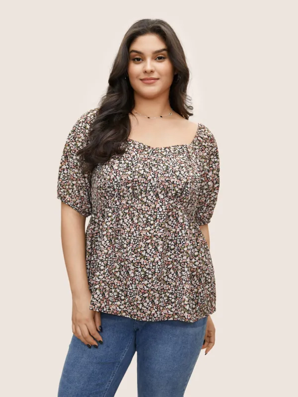 Ditsy Floral Square Neck Elastic Waist Blouse sold by Bloomchic