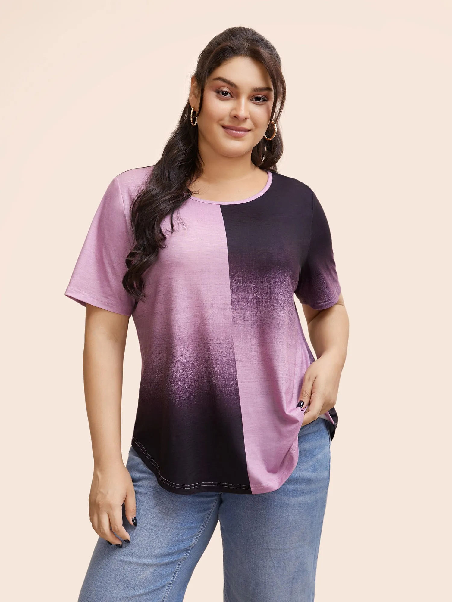 Ombre Heather Contrast Round Neck T-shirt sold by Bloomchic
