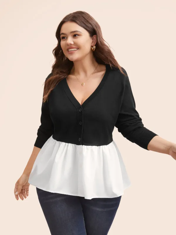 Patchwork Ruffle Hem Button Up Cardigan sold by Bloomchic