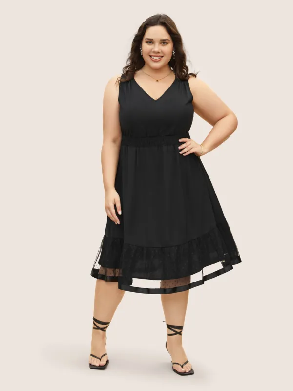 Plain Patchwork Polka Dot Mesh Sleeveless Dress sold by Bloomchic