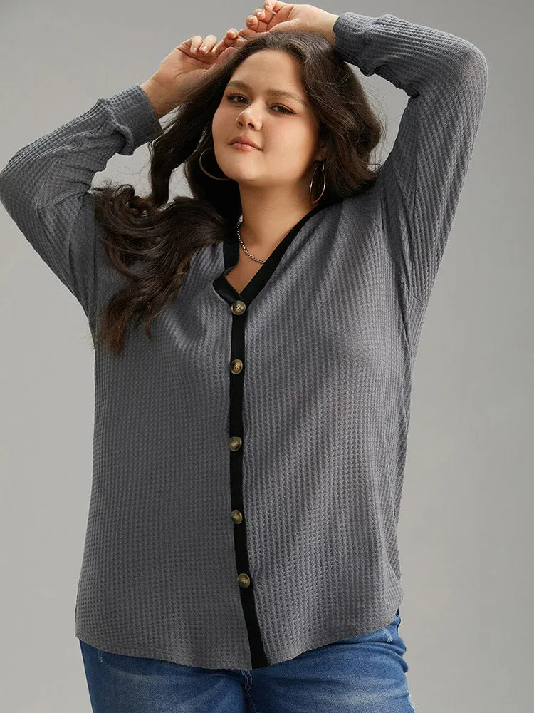 Waffle Knit Button Detail Contrast Trim T-shirt sold by Bloomchic product image thumbnail 5