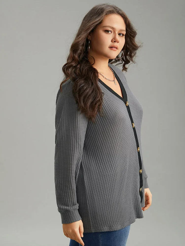 Waffle Knit Button Detail Contrast Trim T-shirt sold by Bloomchic product image thumbnail 3