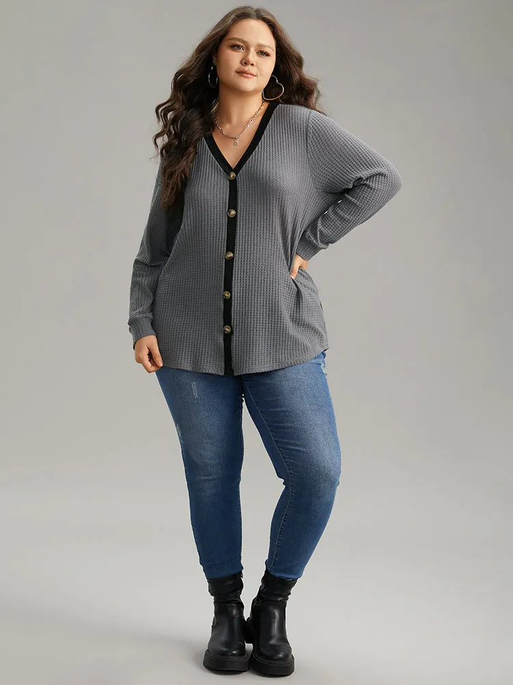 Waffle Knit Button Detail Contrast Trim T-shirt sold by Bloomchic product image thumbnail 4