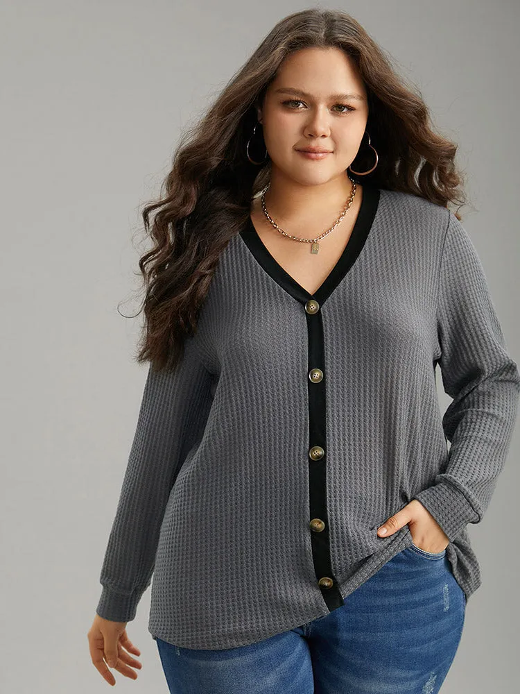 Waffle Knit Button Detail Contrast Trim T-shirt sold by Bloomchic