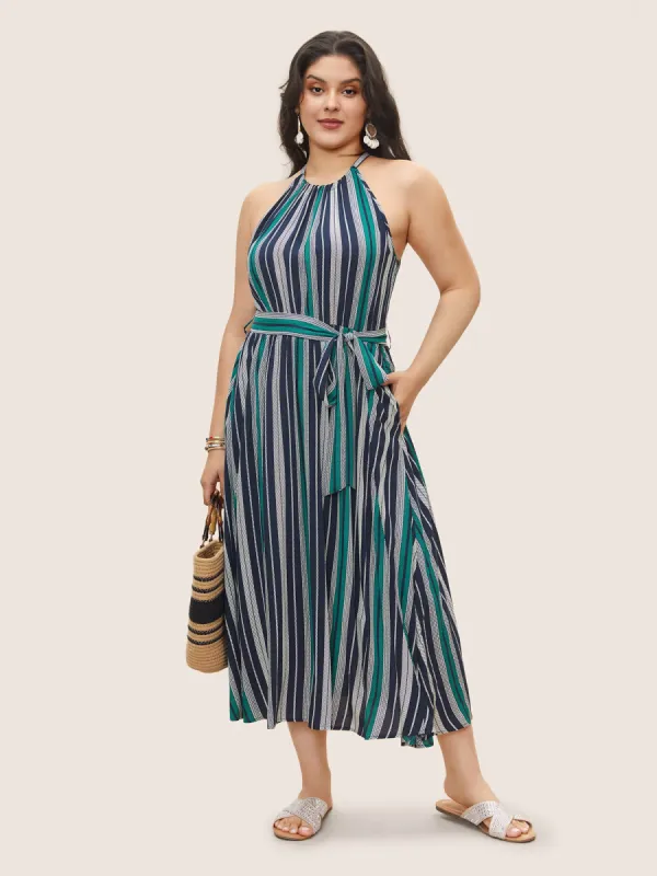 Striped Belted Halter Pocket Dress sold by Bloomchic