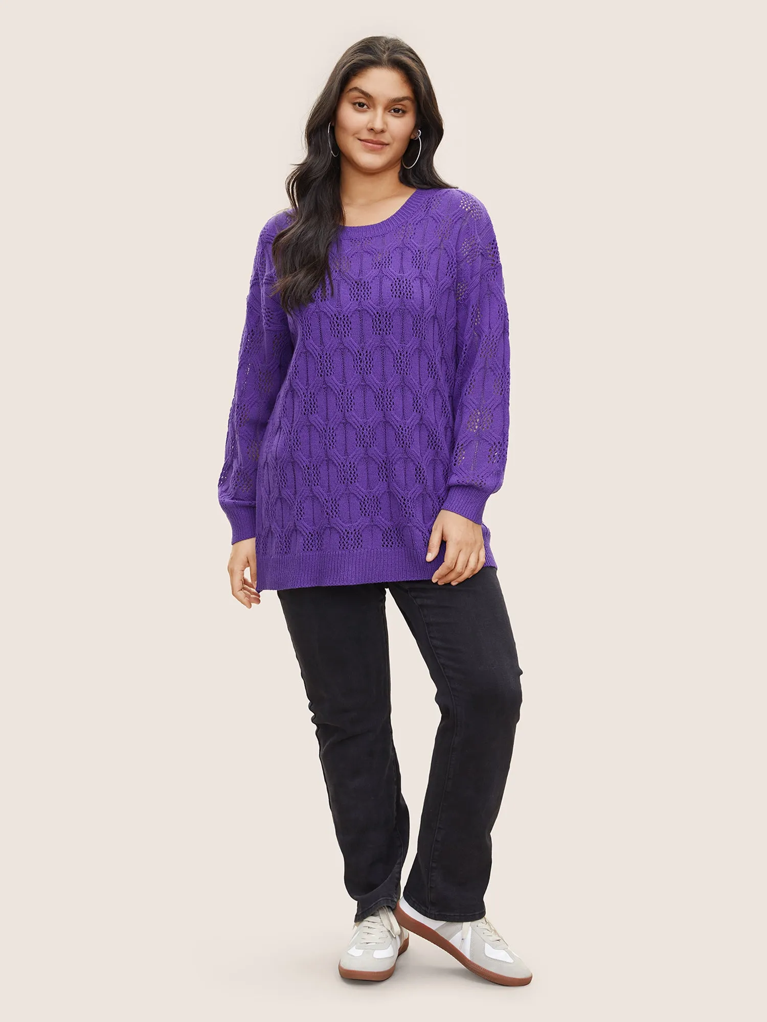 Plain Drop Shoulder Geometric Hollow Out Pullover sold by Bloomchic product image thumbnail 3