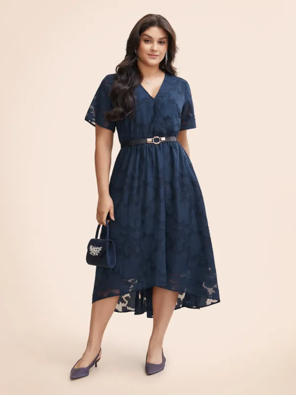 Jacquard Mesh Overlap Collar Midi Dress sold by Bloomchic