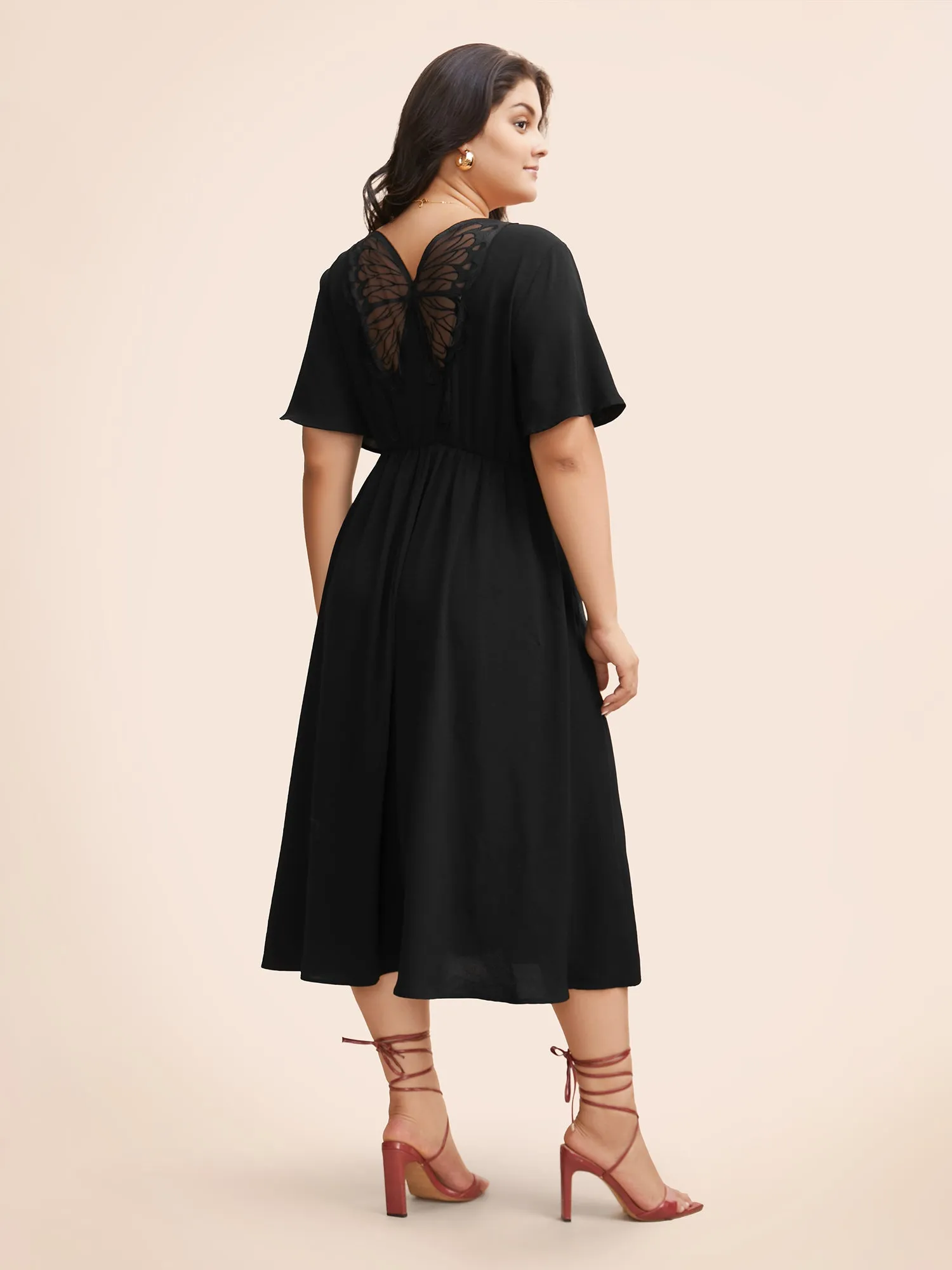 Butterfly Mesh Round Neck Ruffle Sleeve Dress sold by Bloomchic