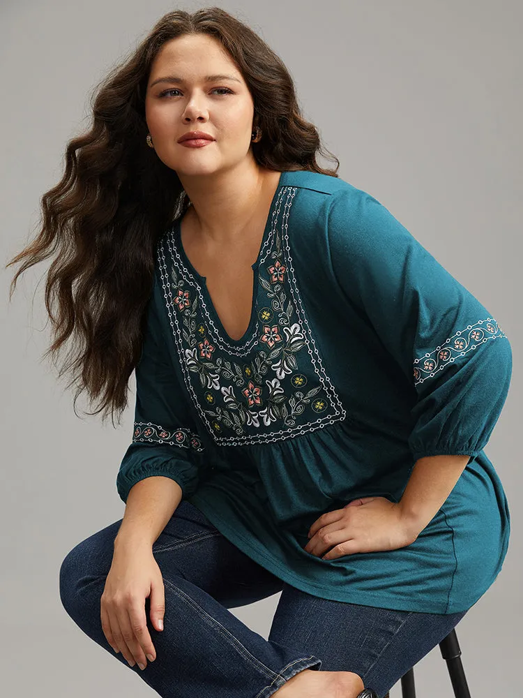 Bandana Embroidered Gathered Lantern Sleeve T-shirt sold by Bloomchic