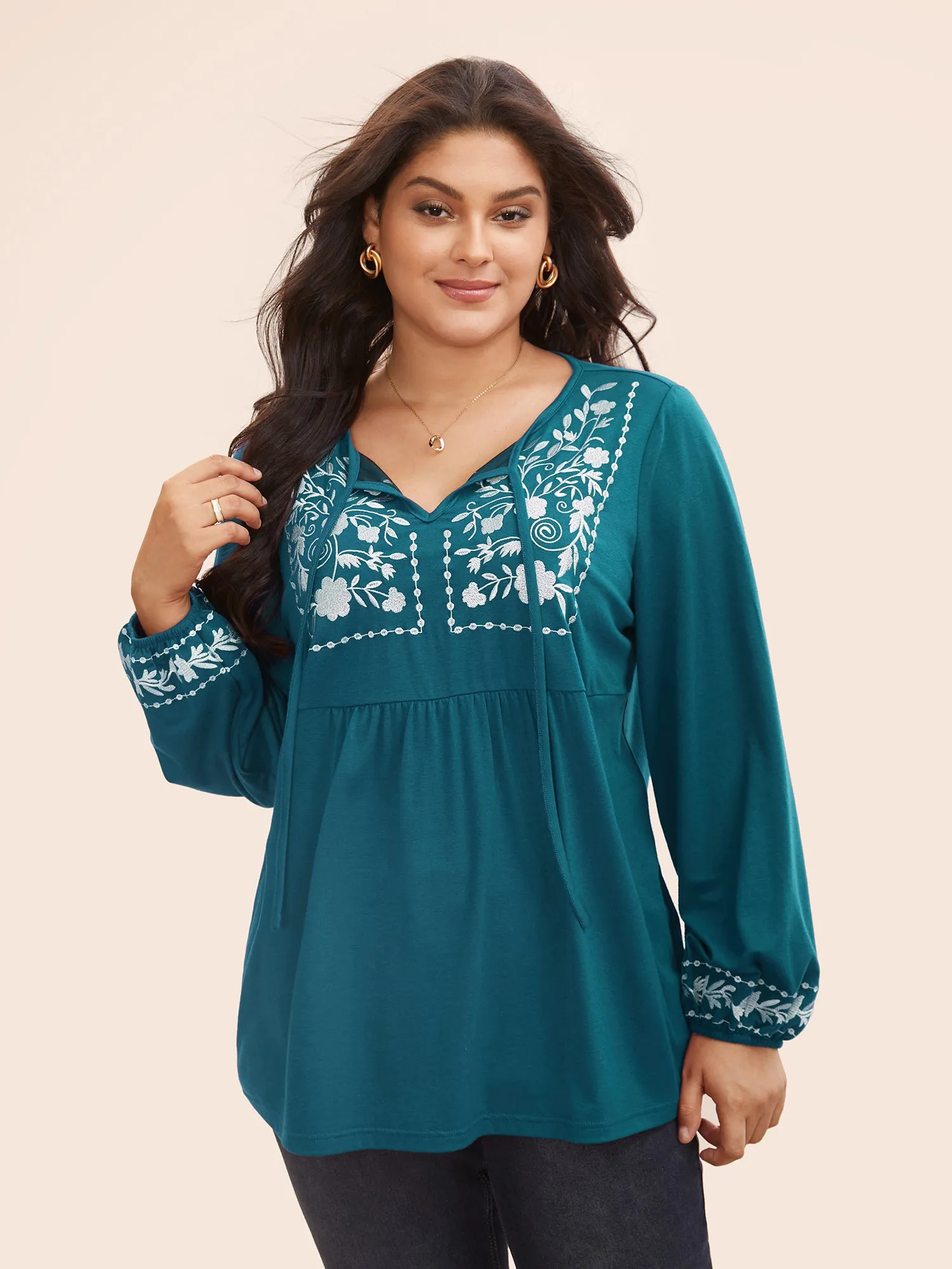 Floral Embroidered Neck-Tie Lantern Sleeve T-shirt sold by Bloomchic product image thumbnail 5
