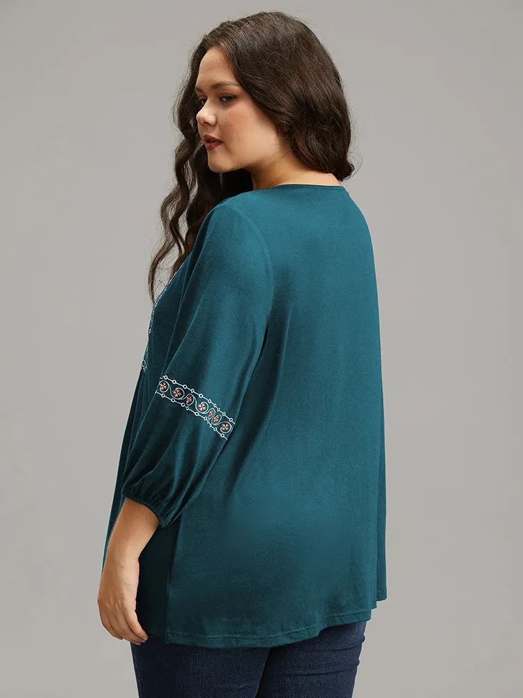 Bandana Embroidered Gathered Lantern Sleeve T-shirt sold by Bloomchic product image thumbnail 3