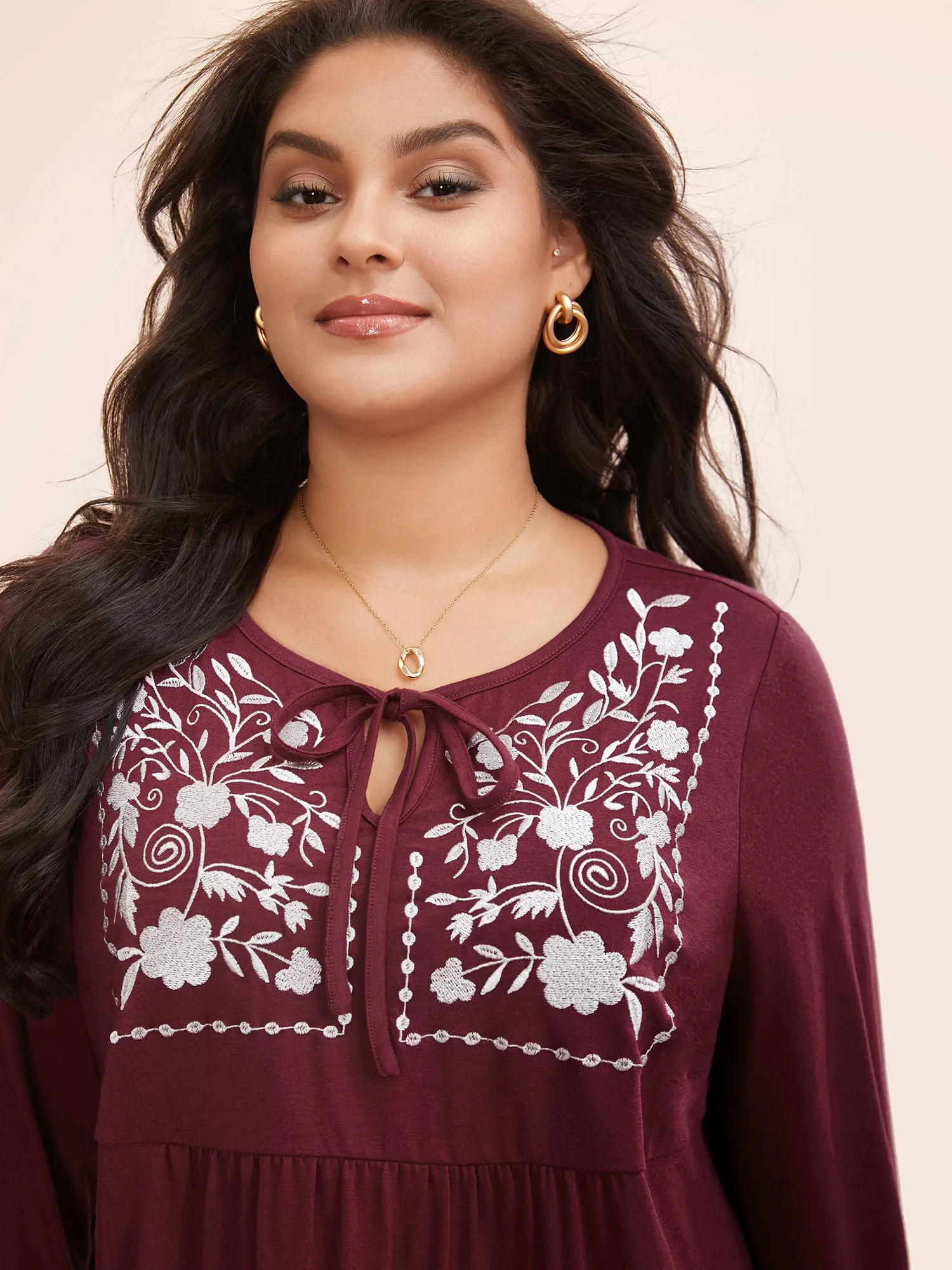 Floral Embroidered Neck-Tie Lantern Sleeve T-shirt sold by Bloomchic product image thumbnail 3