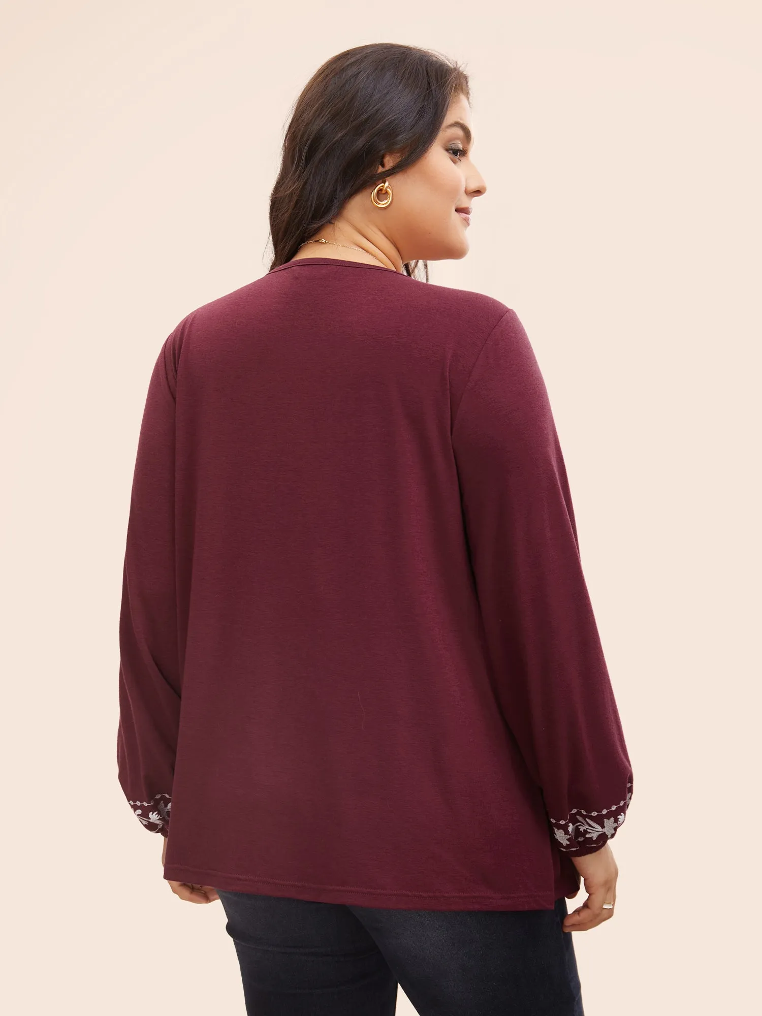 Floral Embroidered Neck-Tie Lantern Sleeve T-shirt sold by Bloomchic product image thumbnail 4