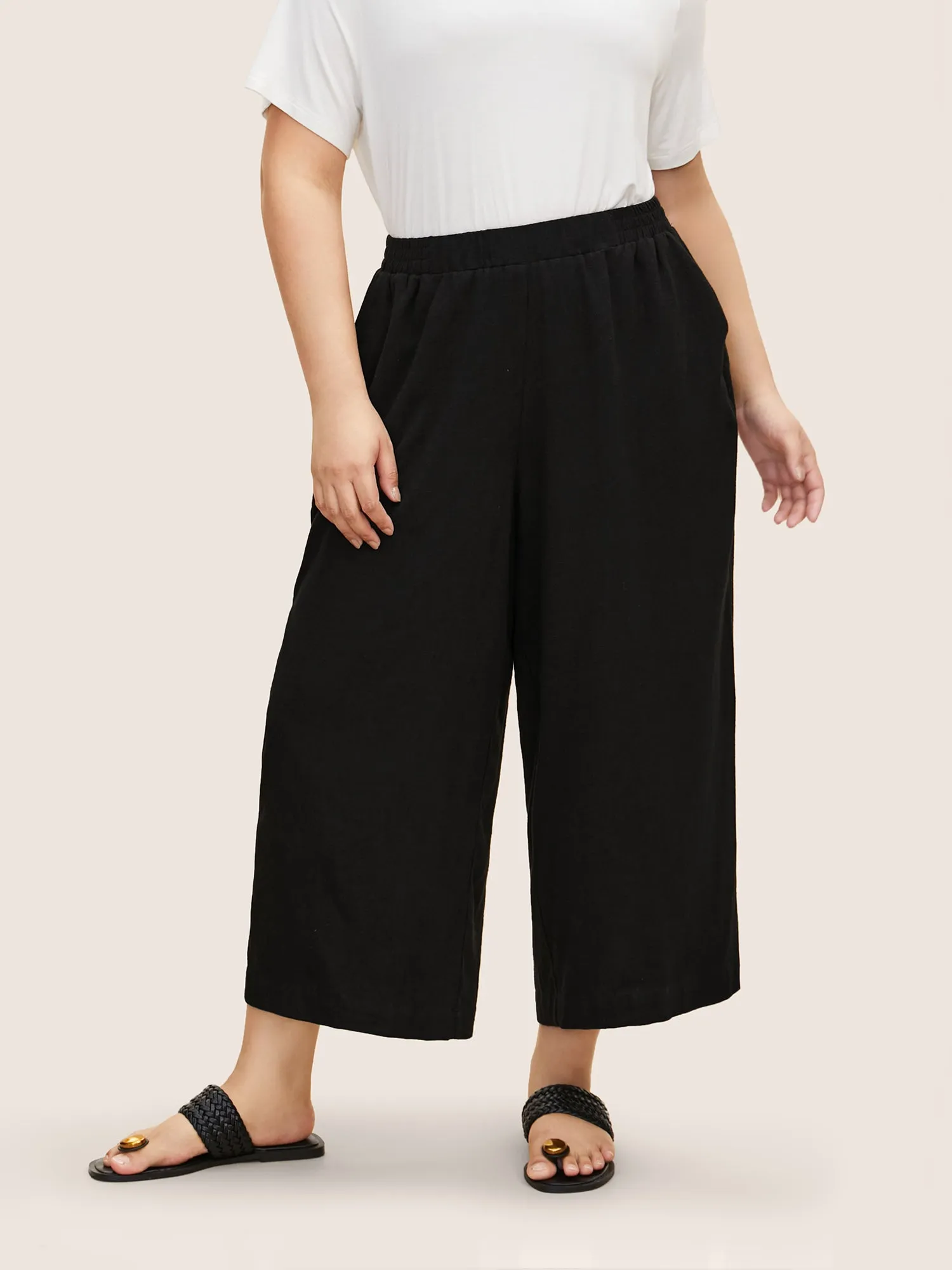 Solid Linen Blend Elastic Waist Wide Leg Pants sold by Bloomchic