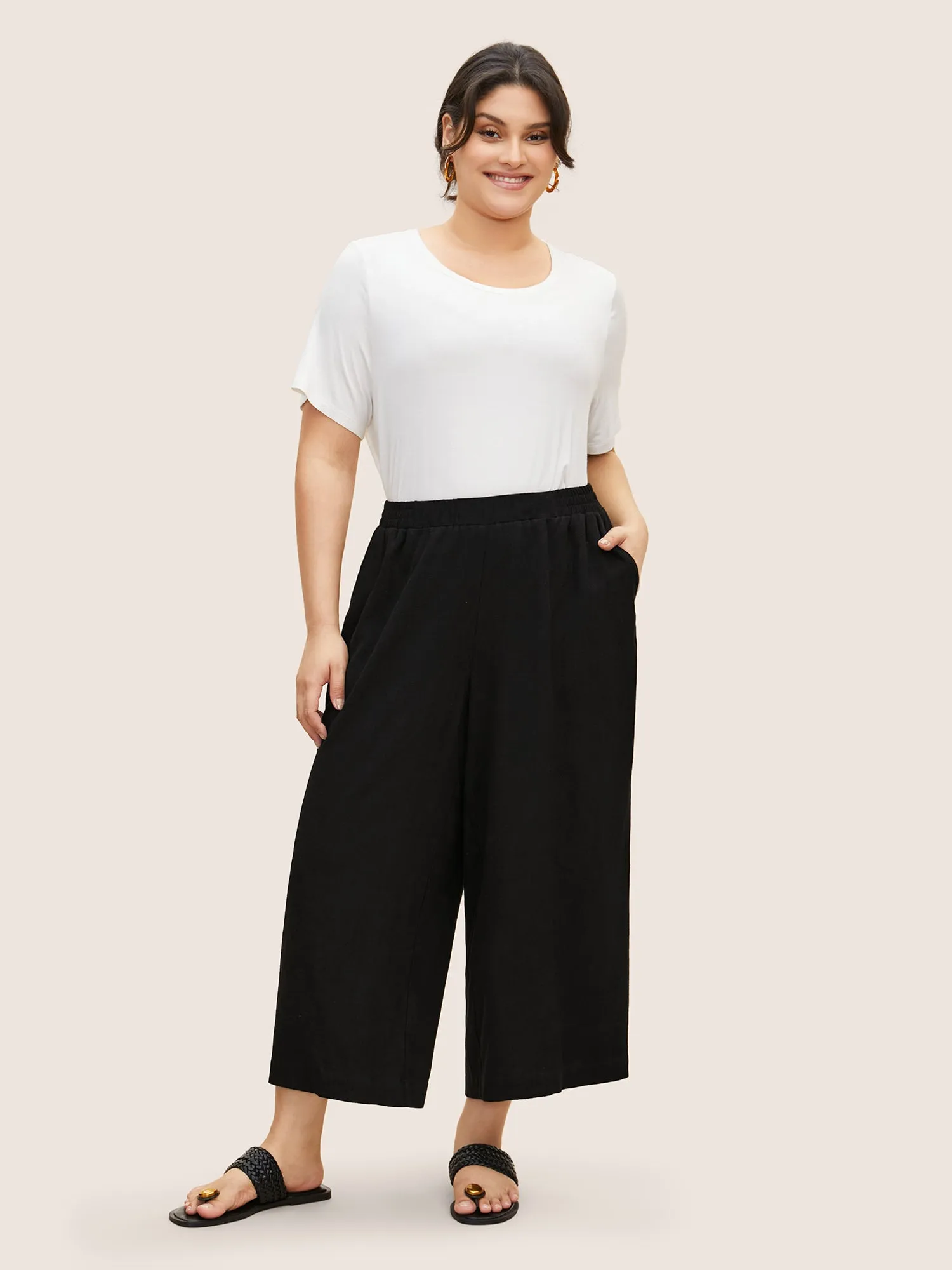 Solid Linen Blend Elastic Waist Wide Leg Pants sold by Bloomchic product image thumbnail 2