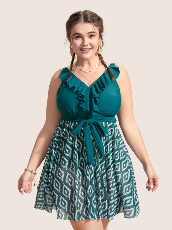 Geometric Patchwork See Through Ruffles Swim Dress sold by Bloomchic