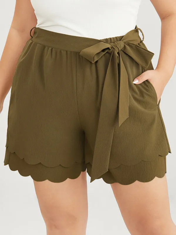Solid Belted Pocket Scalloped Trim  Tiered Shorts sold by Bloomchic