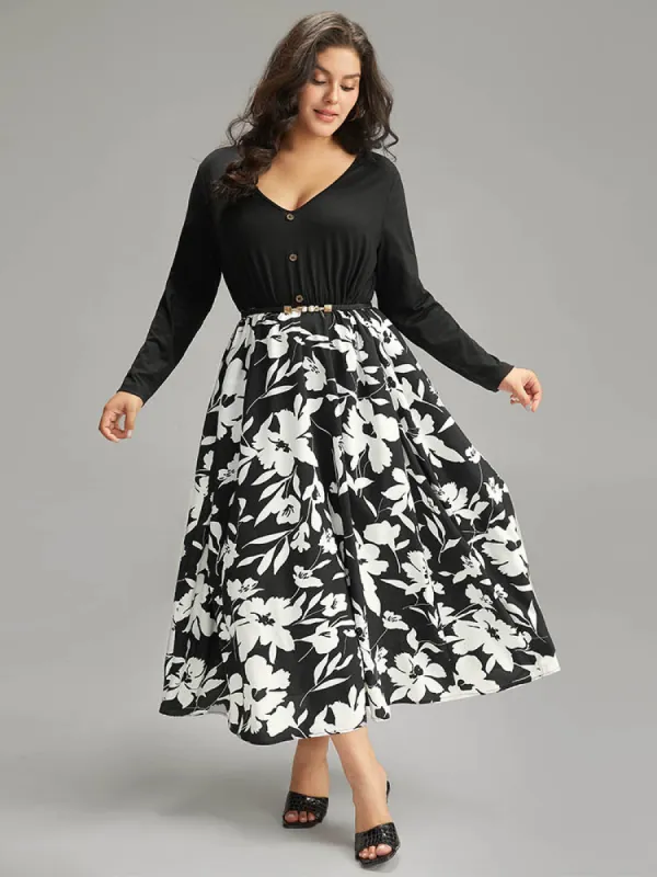 Silhouette Floral Print Patchwork Button Detail Dress sold by Bloomchic