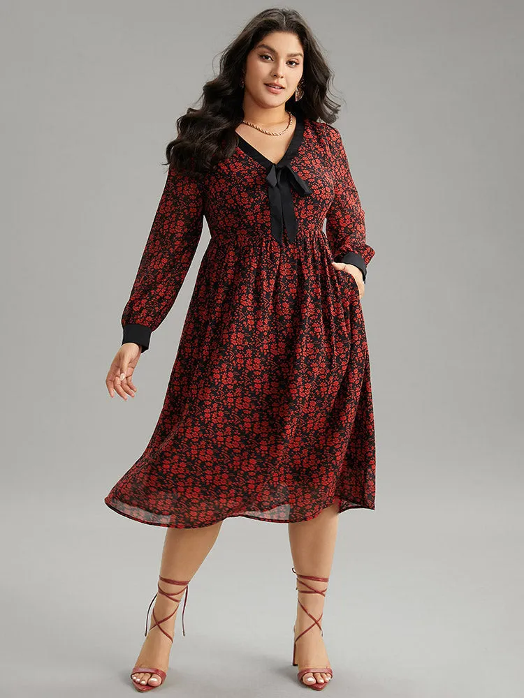 Ditsy Floral Patchwork Elastic Waist Ties Dress sold by Bloomchic