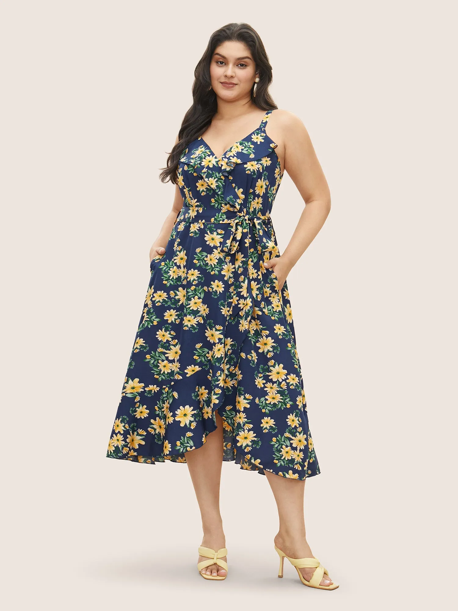 Floral Print Ruffle Trim Belted Cami Dress sold by Bloomchic product image thumbnail 2