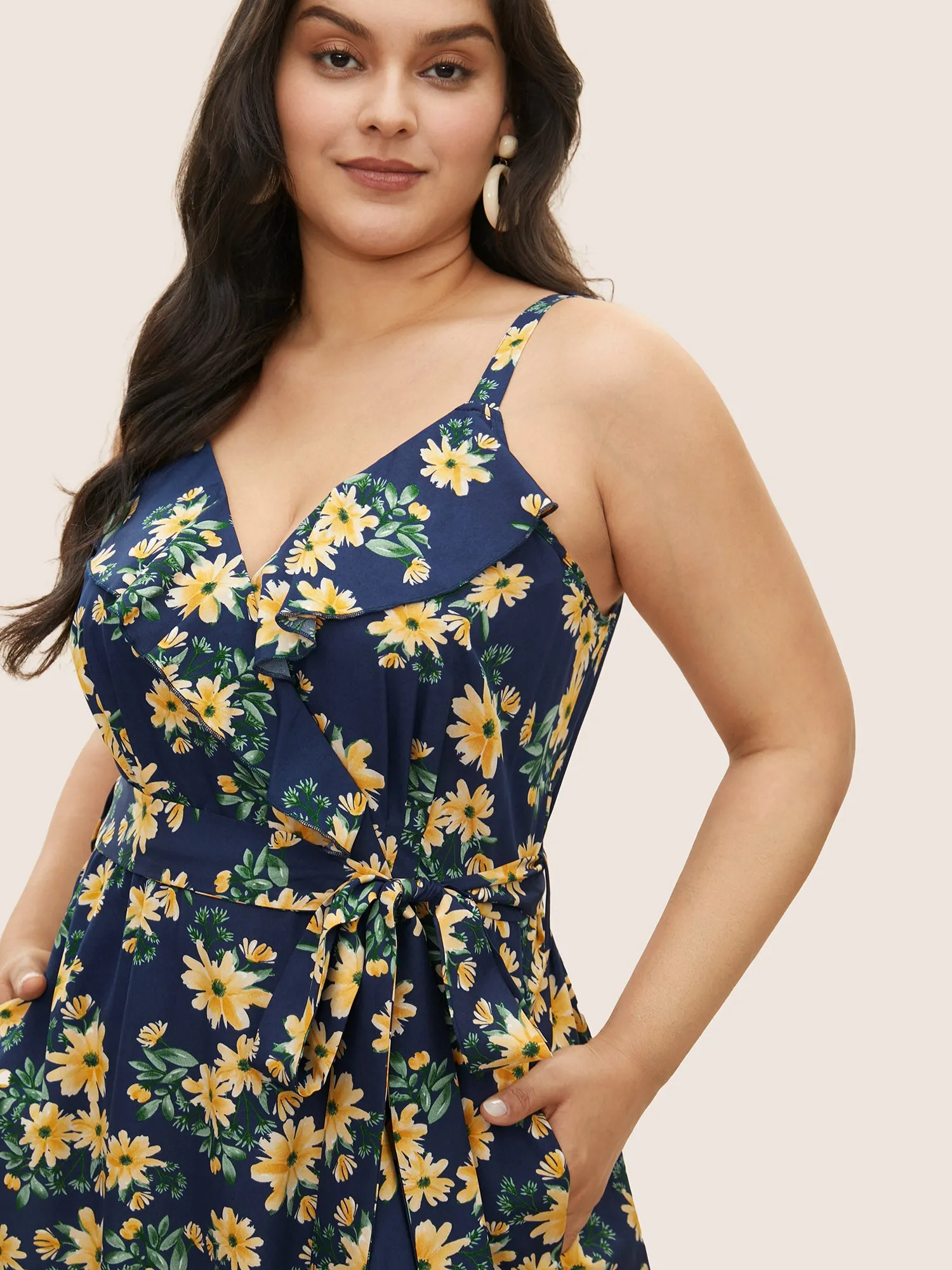 Floral Print Ruffle Trim Belted Cami Dress sold by Bloomchic product image thumbnail 4