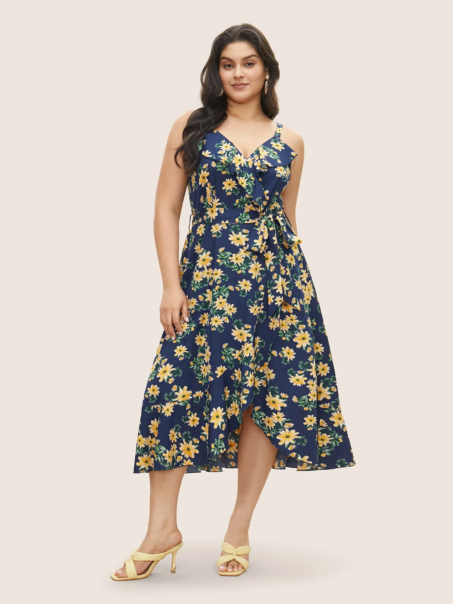 Floral Print Ruffle Trim Belted Cami Dress sold by Bloomchic