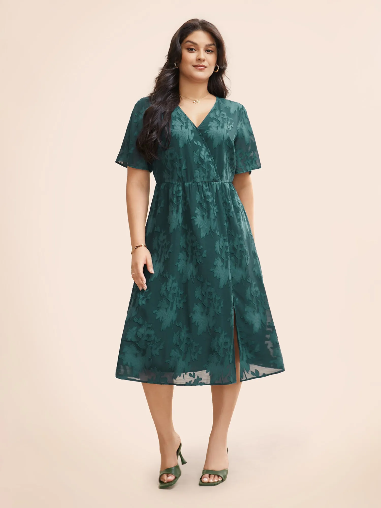 Overlap Collar Jacquard Split Hem Dress sold by Bloomchic