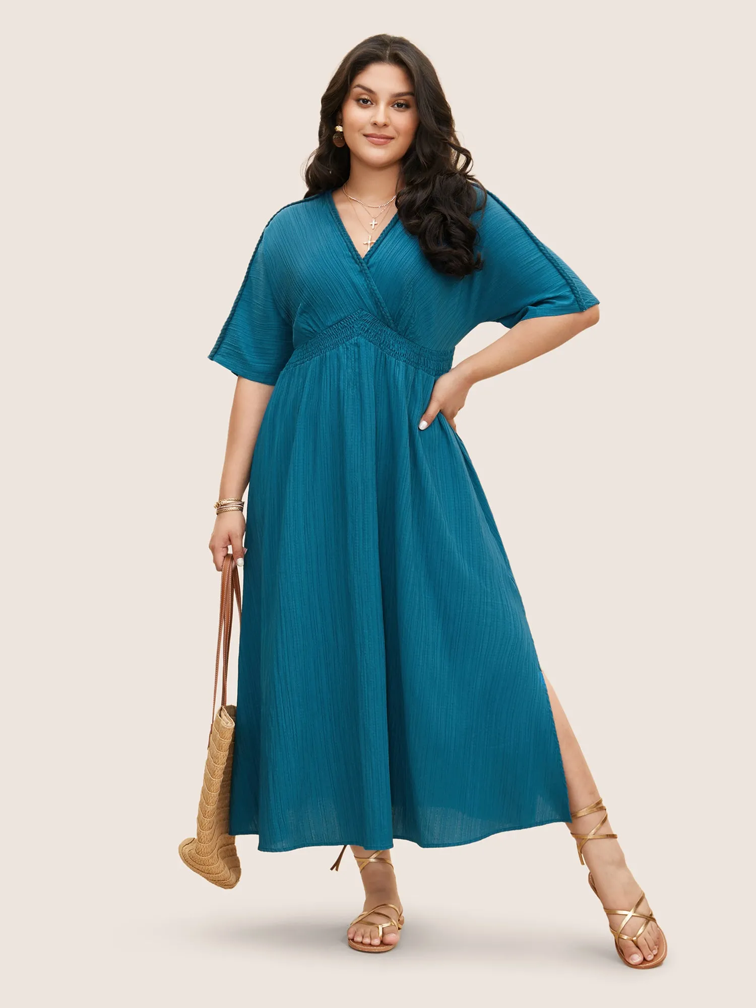 V Neck Shirred Contrast Webbing Split Side Dress sold by Bloomchic