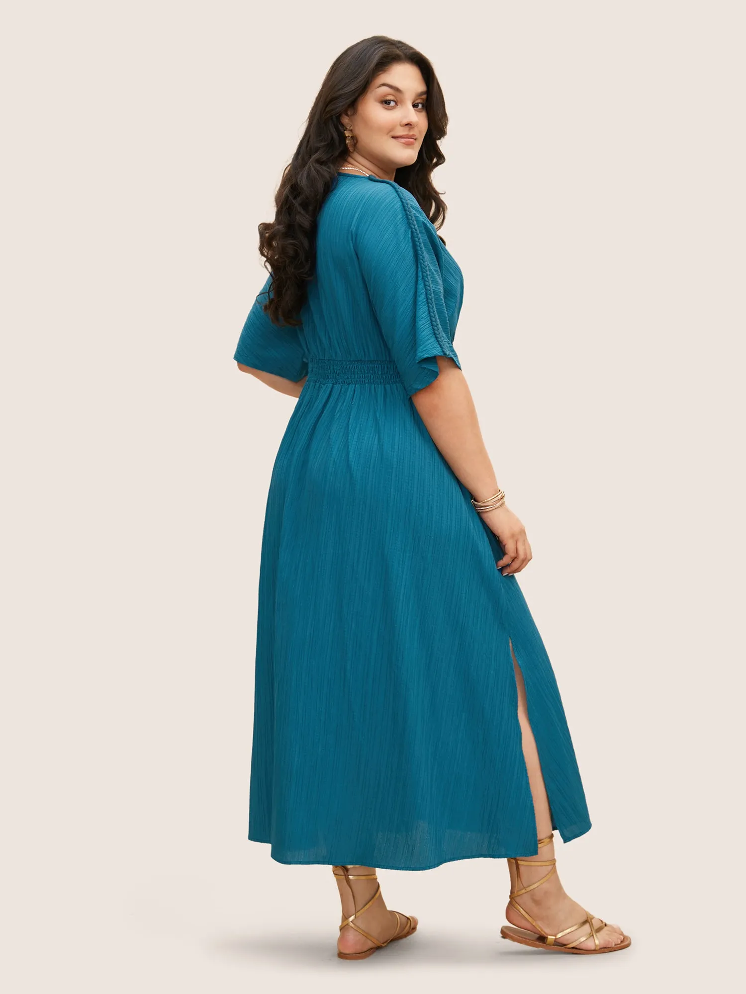 V Neck Shirred Contrast Webbing Split Side Dress sold by Bloomchic product image thumbnail 4