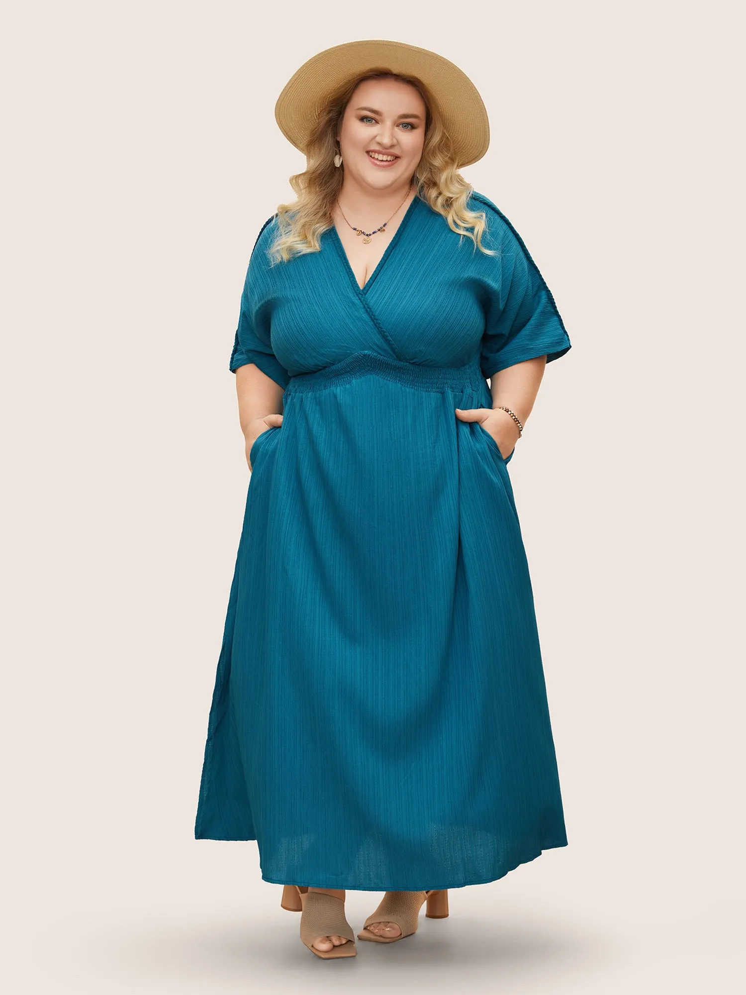 V Neck Shirred Contrast Webbing Split Side Dress sold by Bloomchic product image thumbnail 5