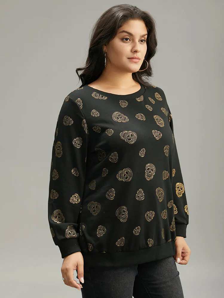 Halloween Glitter Skull Print Crew Neck Sweatshirt sold by Bloomchic product image thumbnail 3